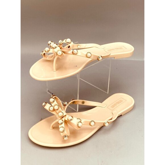 Victoria Adames Valencia Women's Flip-Flops 6 Nude Flat Pearls Bow Thong Sandals - Picture 1 of 9